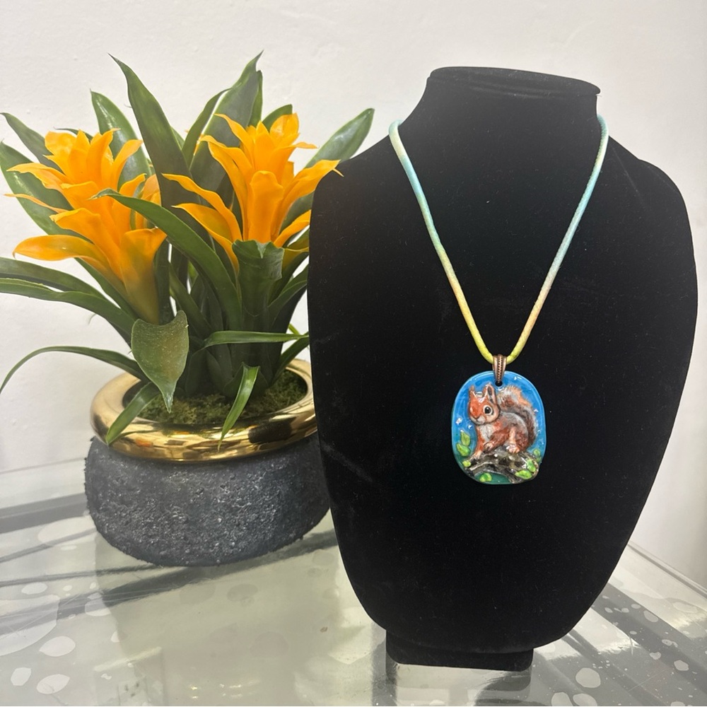 Hand-Painted Squirrel Pendant Necklace in Blue and Green